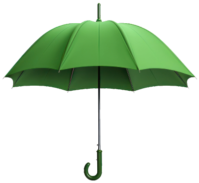 Vibrant green umbrella with a smooth, rounded canopy and petal-like ribs, featuring a classic black shaft and curved hook handle. Positioned upright against a plain background, this eye-catching accessory radiates playfulness and cheerfulness, perfect for adding a lively touch to any outdoor setting.